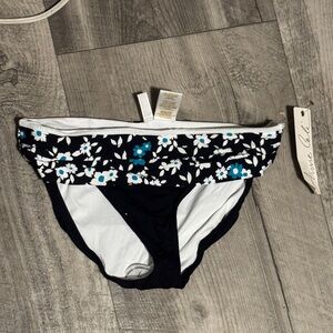 Anne Cole Black Floral Fold-Over Bikini Bottom with Blue Accents